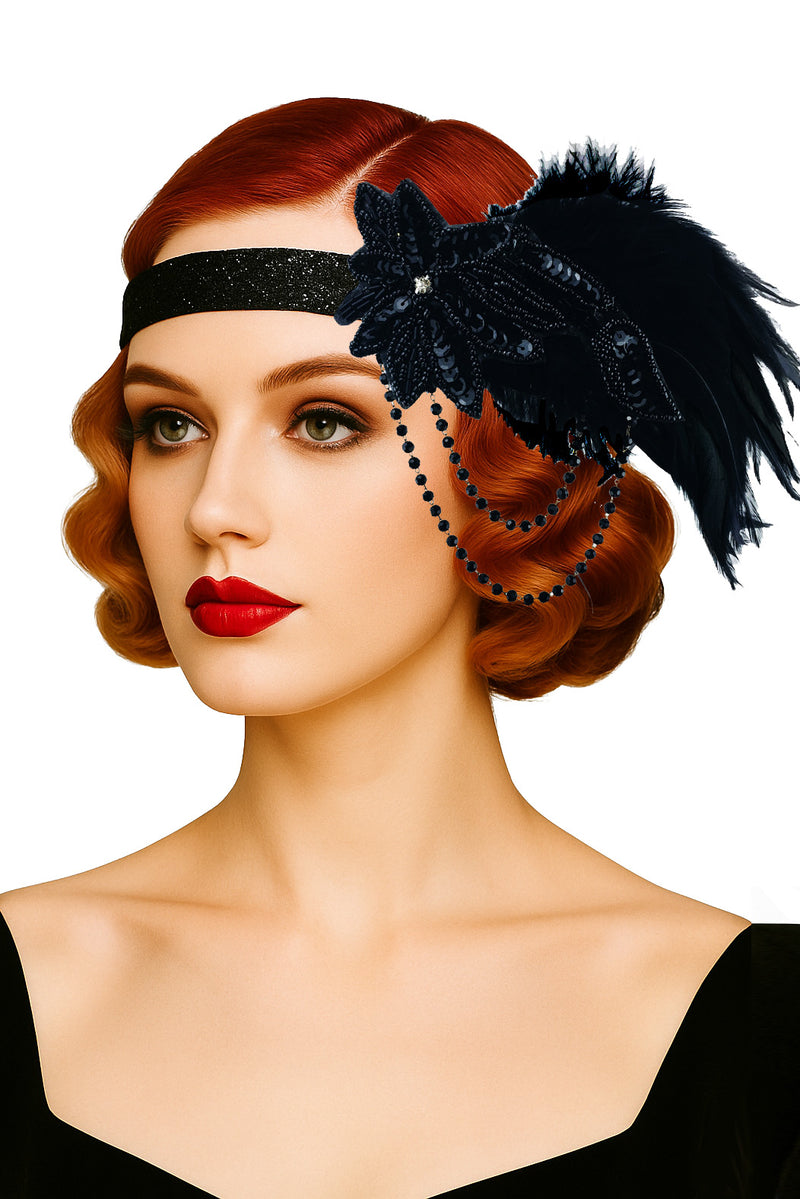 Adult 1920s Flapper Headband - Black Sequin Feather Gatsby Accessory