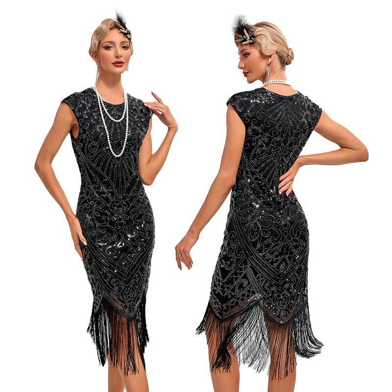 Womens 1920s Flapper Dress - Black Silver Sequin Gatsby Costume