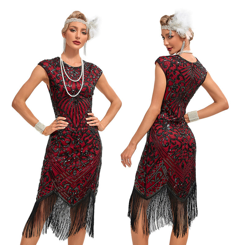 Womens 1920s Flapper Dress - Burgundy Sequin Gatsby Costume