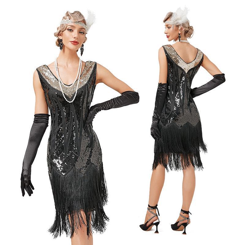 Womens 1920s Flapper Dress - Black Sequin Gatsby Costume with Fringe