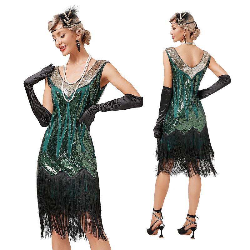 Womens 1920s Flapper Costume - Great Gatsby Sequin Fringe Dress