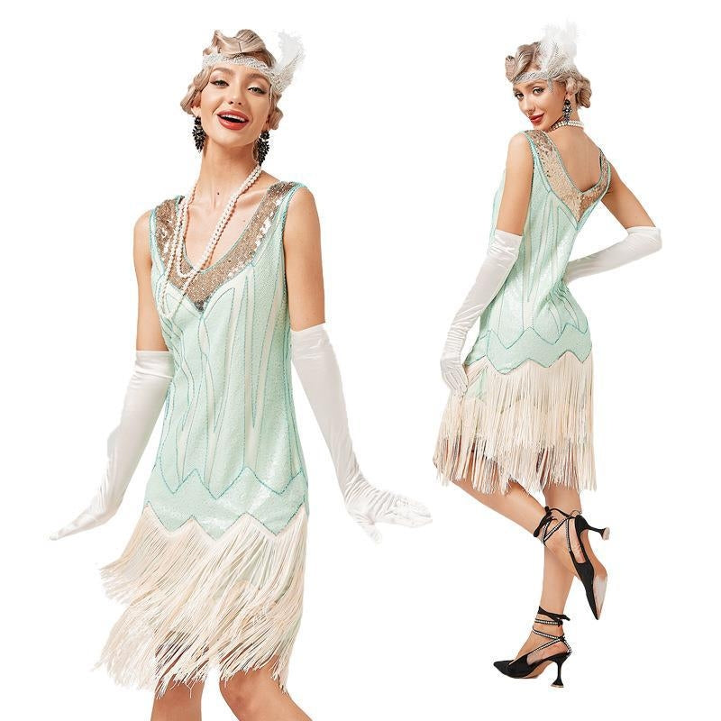 Womens seafoam sequin flapper dress with champagne fringe, 1920s Gatsby costume