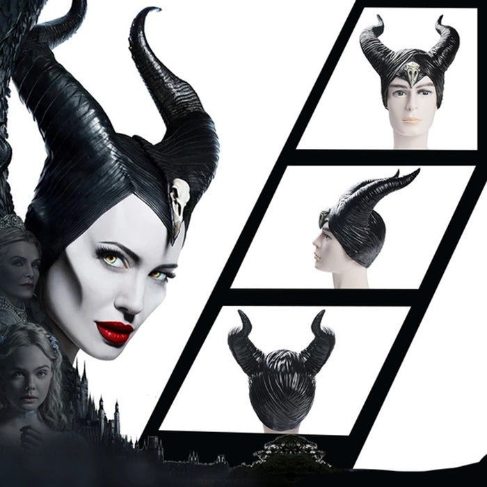 Black sculptural horn headpiece with curved horns and textured ribbed finish