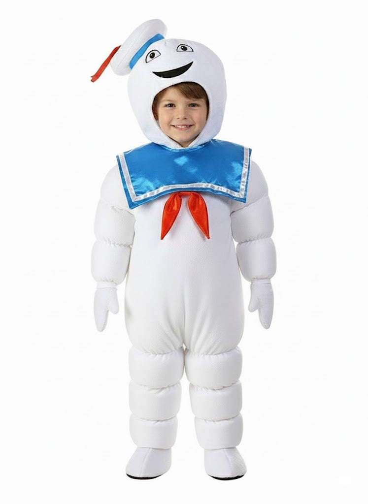 Child wearing white marshmallow sailor costume with blue collar and red neckerchief