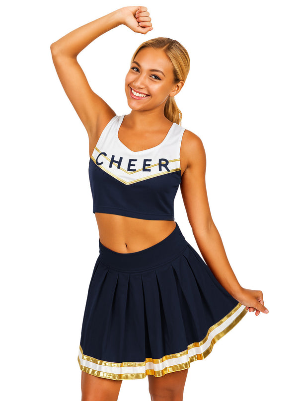 Womens Cheerleader Costume - Navy Blue Two-Piece Spirit Squad Outfit