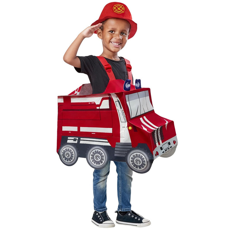 Kids red fire engine firefighter wear-on cardboard costume with matching firefighter cap