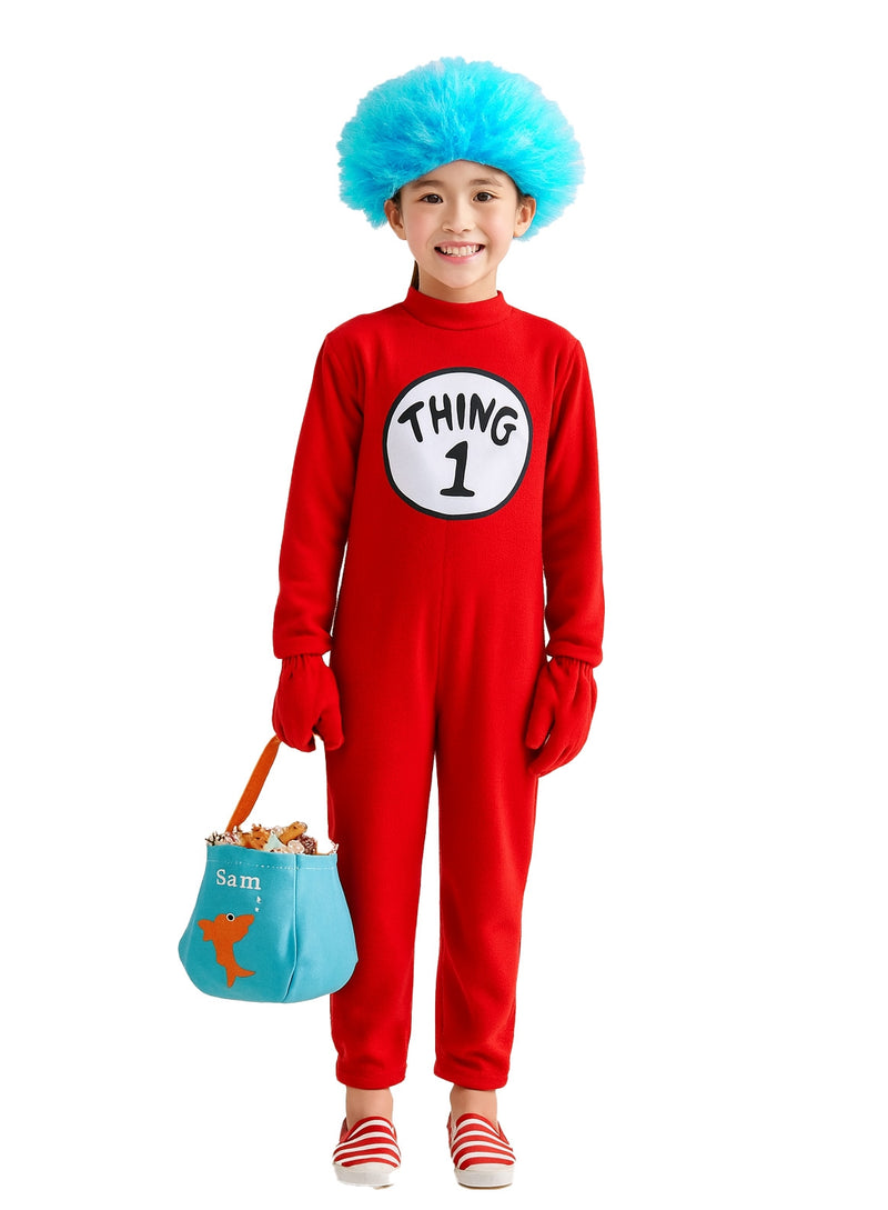 Child wearing the bright red fleece jumpsuit costume with attached gloves, turquoise blue wig and a numbered chest label