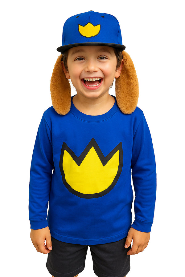 Kids Comic Book Hero Dog Costume - Blue Shirt & Cap with Plush Ears