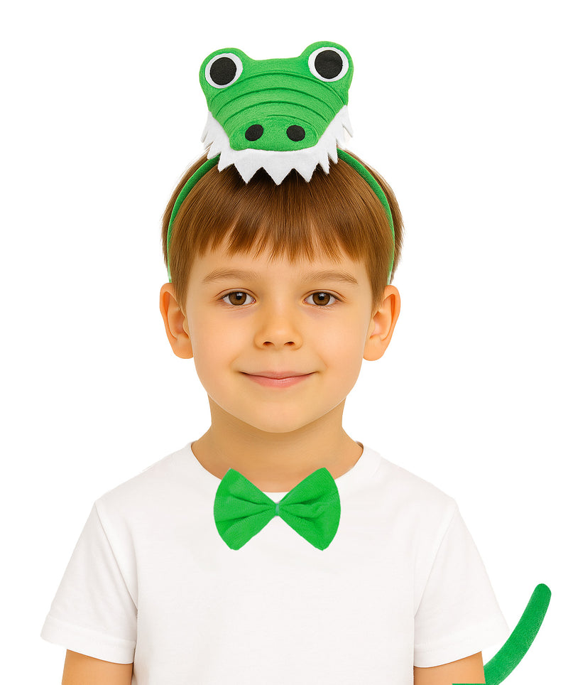 Kids Alligator Costume Accessories - Green Crocodile Headband Bow Tie Tail Set