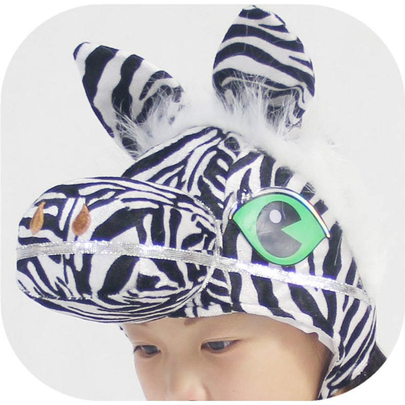 Kids and adults plush zebra headpiece with 3D sculptured head, rounded ears and elastic headband in black-and-white stripes