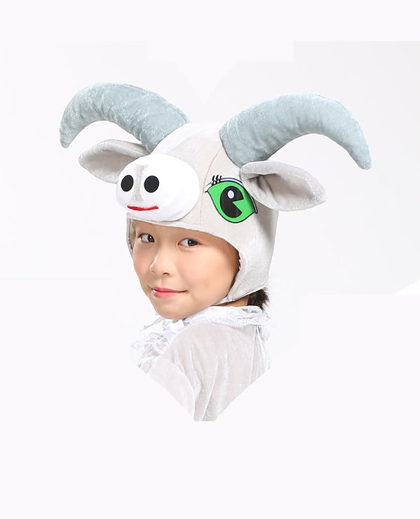 Kids white plush goat headpiece with curved ram horns, floppy ears and winking appliquรฉ face