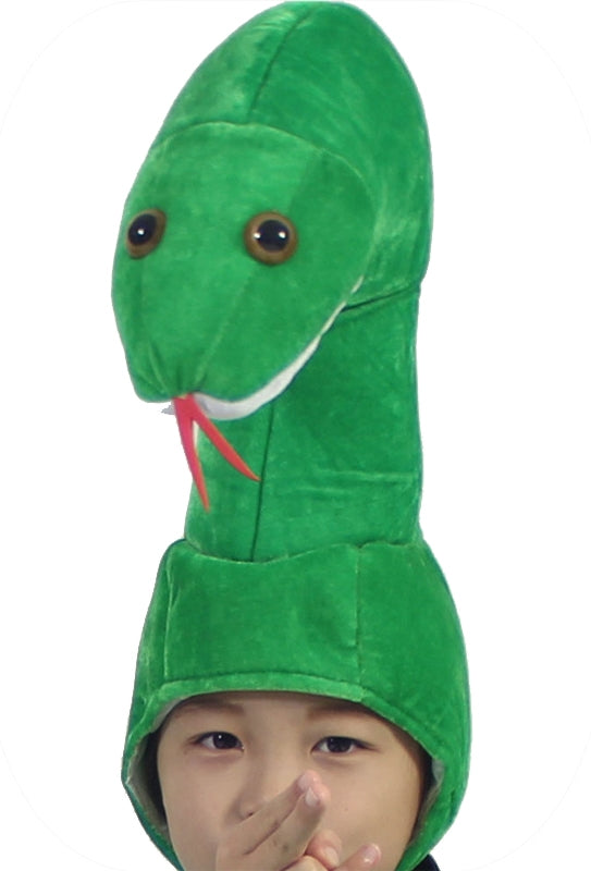 Child wearing emerald green snake hood costume accessory with upright neck structure and cartoonish facial detail