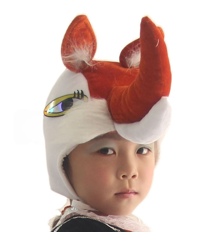 Kids fox headpiece hat in brick red plush velour with 3D ears and white faux fur trim, shown from front