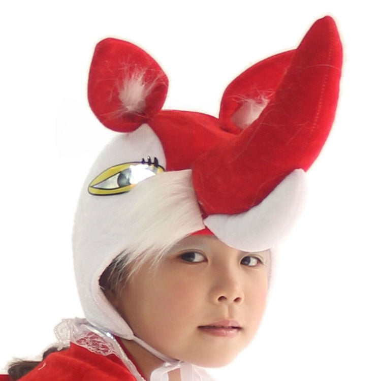 Kids red fox headpiece with 3D pointed ears, sculptural snout, white fur cheeks and ribbon chin ties