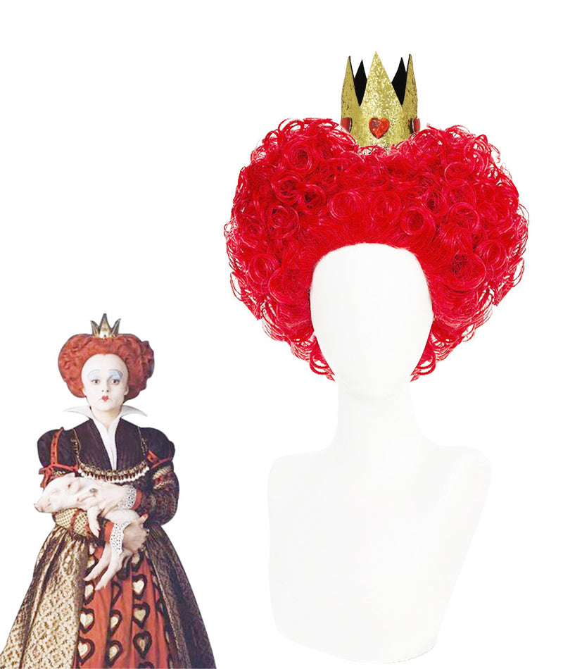 Womens Queen of Hearts Wig with Crown - Red Curly Costume Accessory