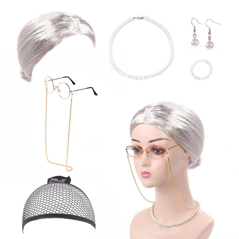 Kids and Adults 100 Days of School Granny Costume Set in white, showing wig, pearl jewellery, round glasses and glasses chain laid out together