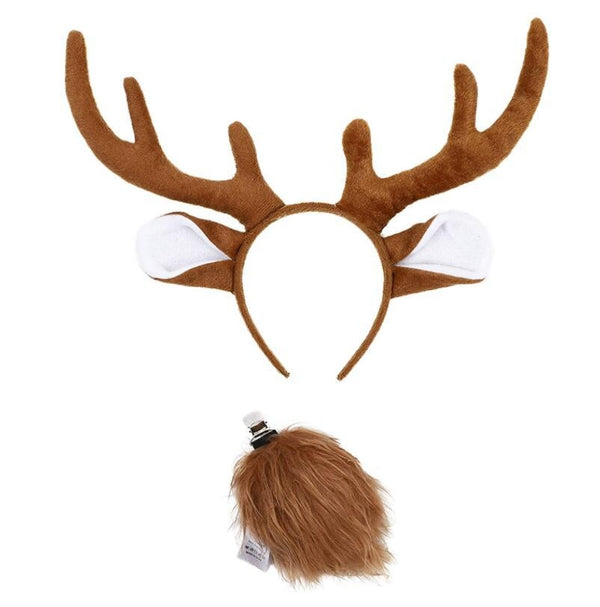 Kids and adults deer antler headband with bendable wire antlers and 3D plush ears on white background