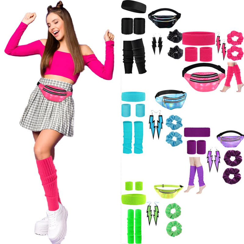 Womens 80s Aerobics Accessories Set - Neon Leg Warmers & Headband Bundle