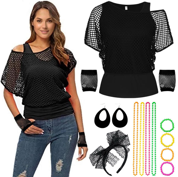 Womens 80s Costume Accessories - Neon Fishnet Top & Jewellery Set