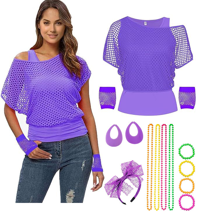 Womens 80s Costume Accessory Set - Purple Fishnet Top & Neon Jewellery