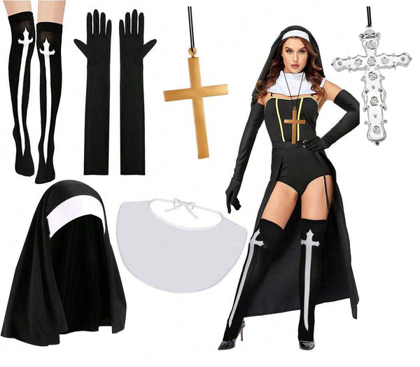 Womens Nun Costume Accessory Set - Halloween Habit Headpiece & Cross