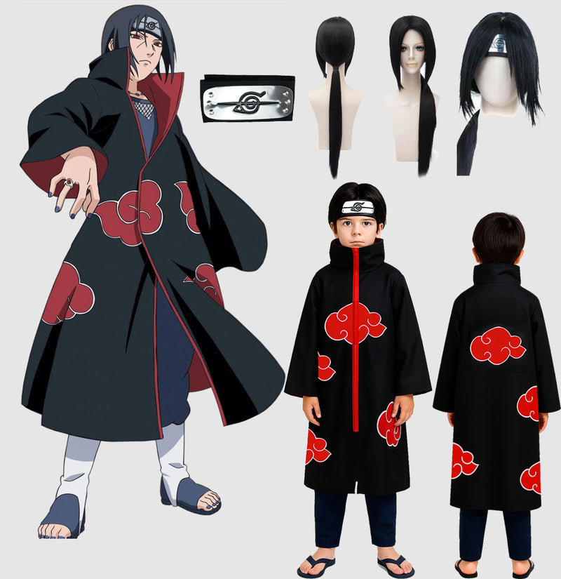 Kids Anime Ninja Cloak - Black Red Cloud Hooded Robe Costume