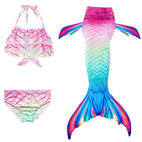 Kids mermaid costume with pink-to-turquoise ombré tail, halter bikini top, and side fins