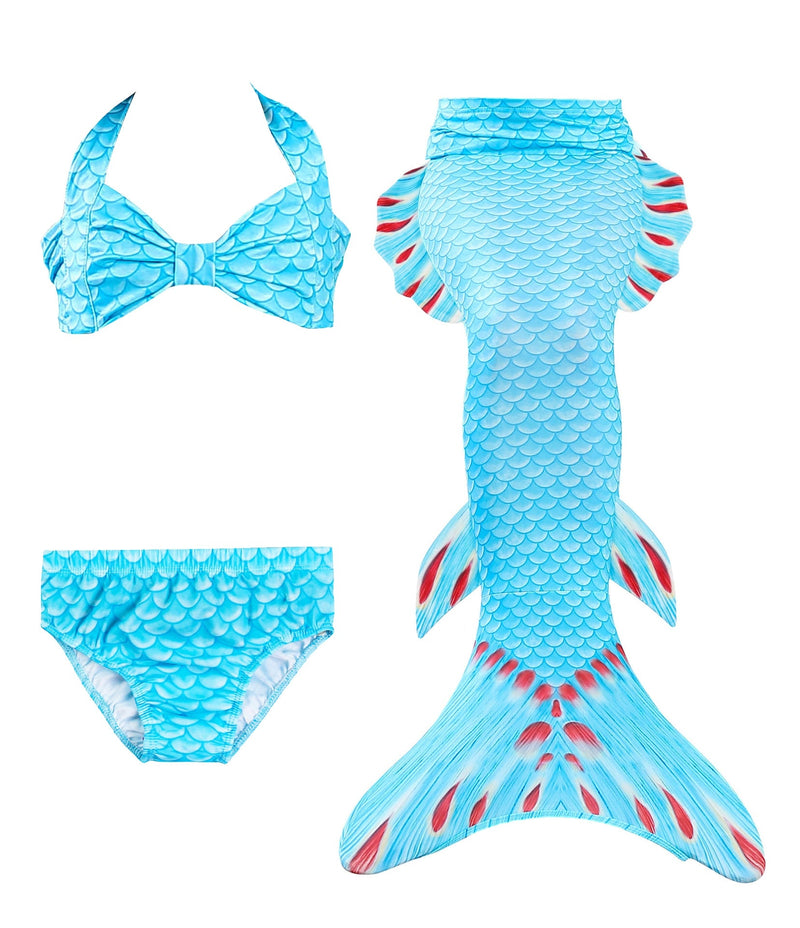 Kids swimmable mermaid costume with turquoise scale print tail and halter bikini top