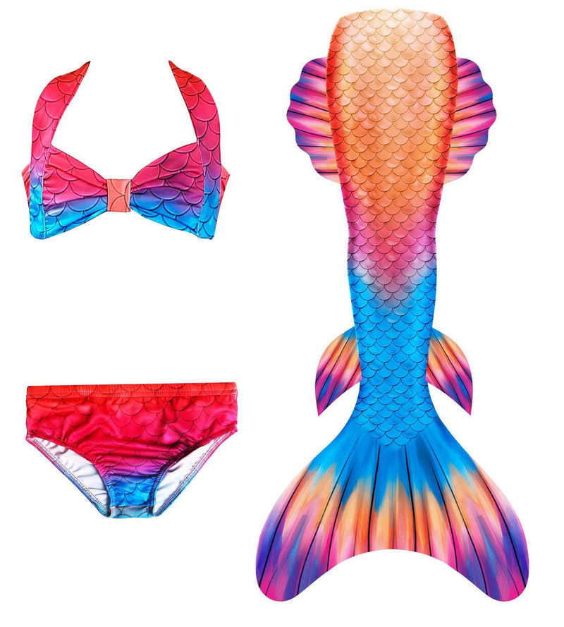 Kids mermaid swim costume with gradient coral-to-turquoise tail and rainbow-striped ruffled sleeves