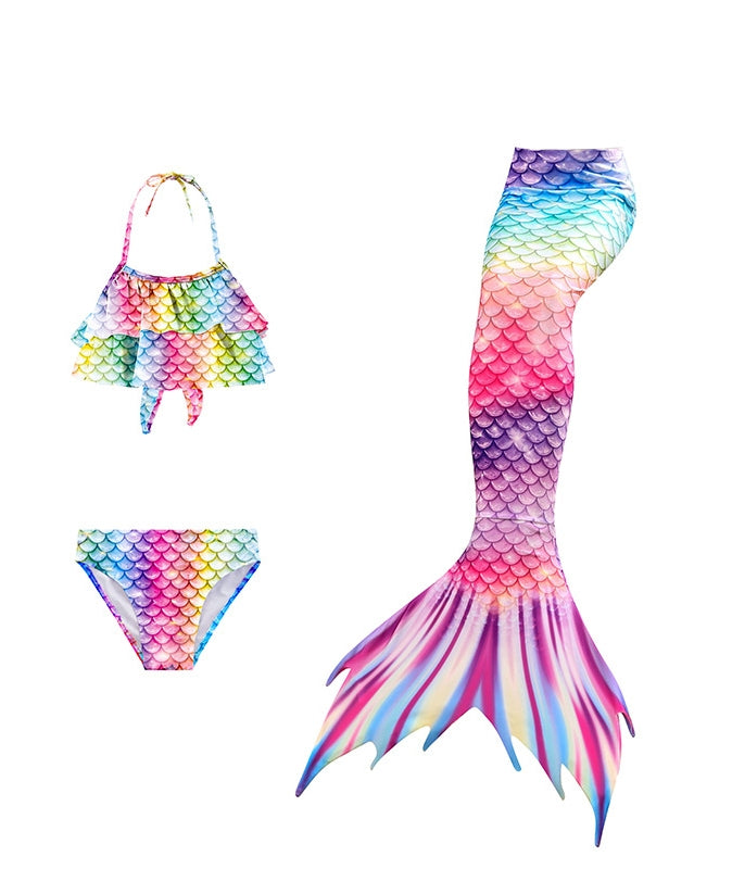 Rainbow gradient mermaid tail with holographic pointed fin and printed fish-scale texture