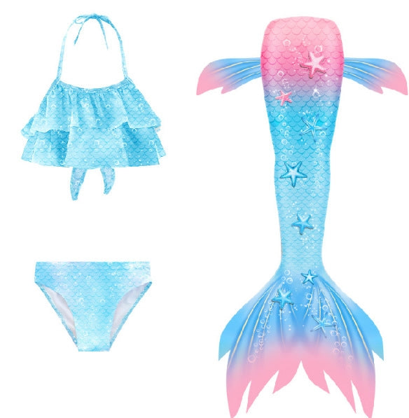 Kids mermaid swimsuit set with turquoise holographic bikini and pink gradient tail with monofin