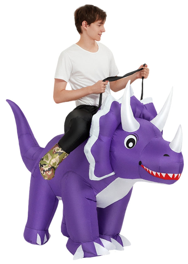 Adult inflatable purple Triceratops ride-on costume with white horns and faux dinosaur legs