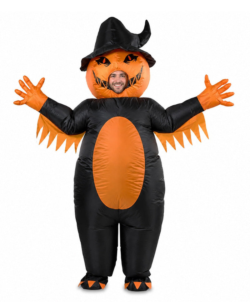 Adult inflatable pumpkin witch costume with oversized jack-o-lantern head and black witch hat