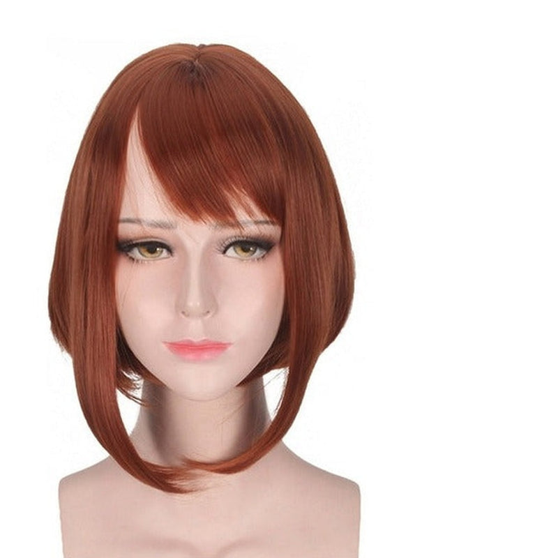 Short brown bob cosplay wig with side-swept fringe on mannequin
