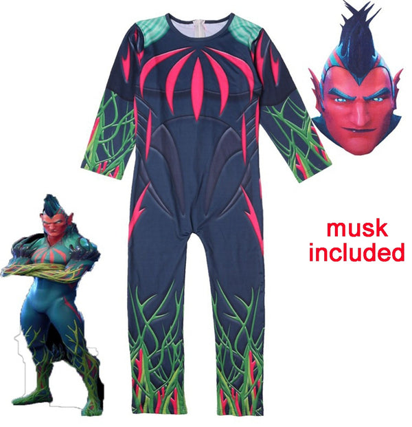 Kids plant warrior costume full-body jumpsuit with neon green and pink muscle print
