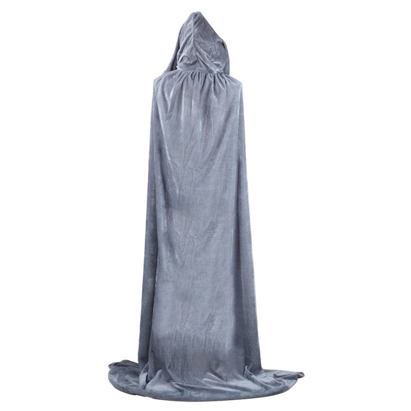 Grey velvet wizard cloak with hood for kids, full-length floor drape