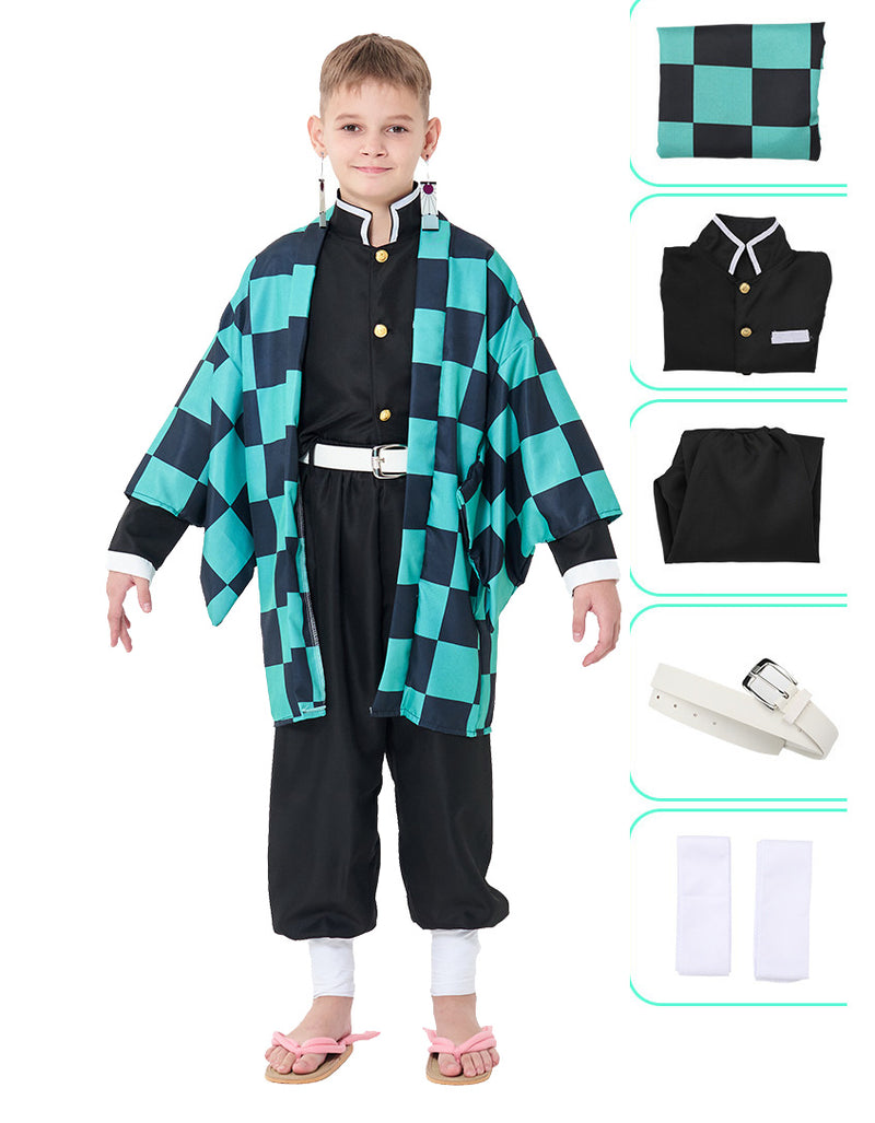 Kids Anime Swordsman Costume - Checkered Haori Warrior Cosplay Set