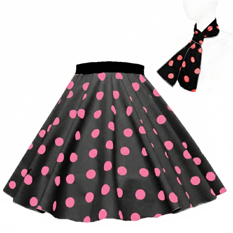 Black circle skirt with pink polka dots and matching neck scarf on white background