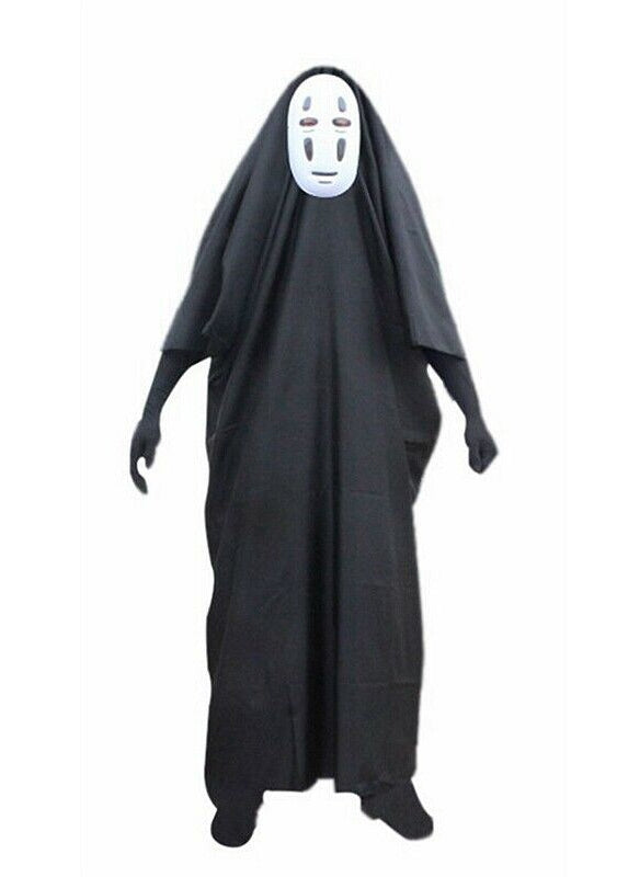 Adult wearing full-body inflatable black robe costume with white expressionless mask and black gloves