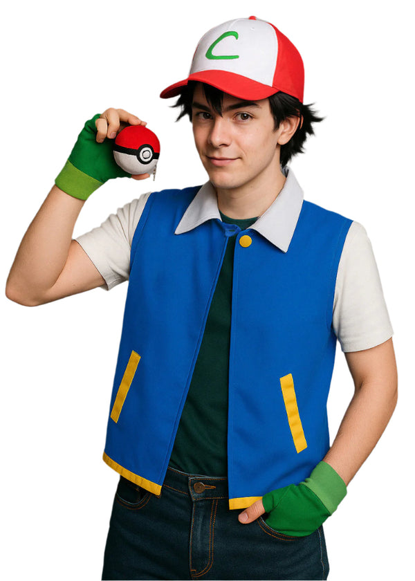 Adult anime trainer costume with royal blue vest, red and white cap, and green fingerless gloves on model