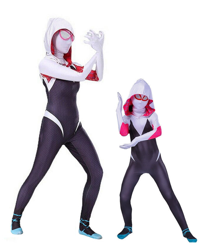 Kids spider hero costume full body jumpsuit in white and black with pink eye lenses