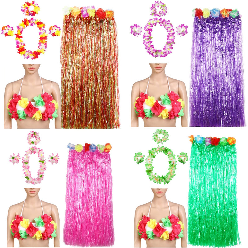 Womens Hawaiian luau costume with multicolor grass skirt, floral halter top, and lei garlands displayed on white background
