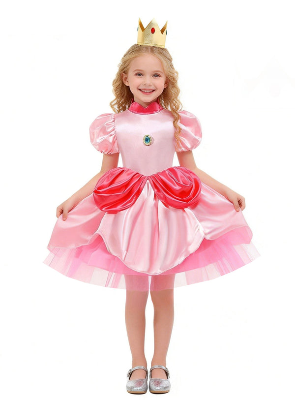 Kids pink princess costume dress with coral puff sleeves and jewelled brooch