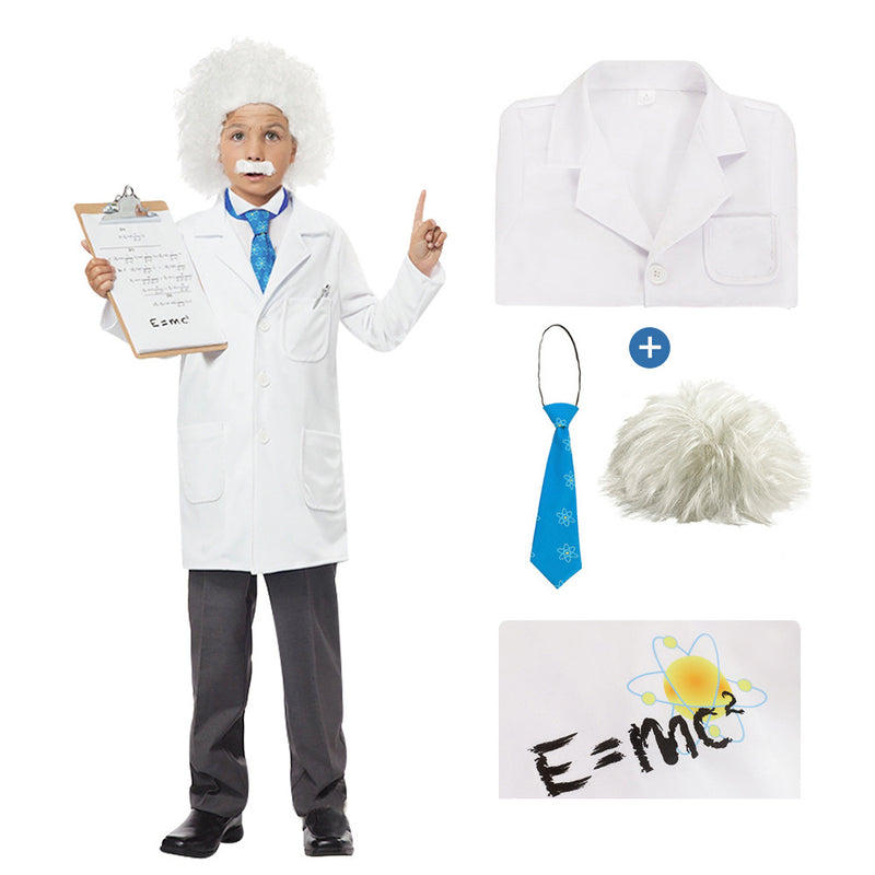 Kids scientist costume with white lab coat showing E=MC² print, blue atom tie, and wild grey Famous Scientist wig on white background