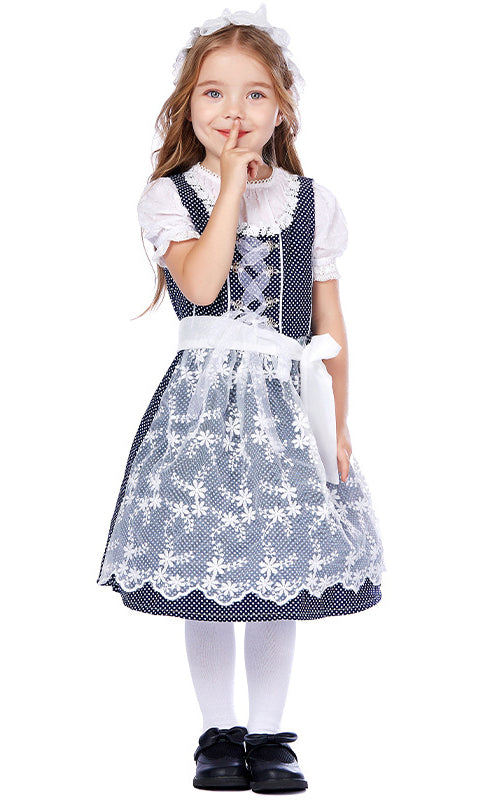 Girls navy polka-dot Bavarian dirndl costume with white lace apron and peasant blouse