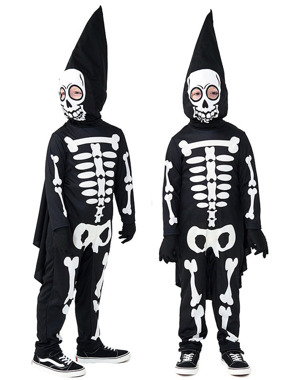 Child wearing black skeleton jumpsuit with white bone print, bat-wing cape, and pointed hood with friendly skull mask