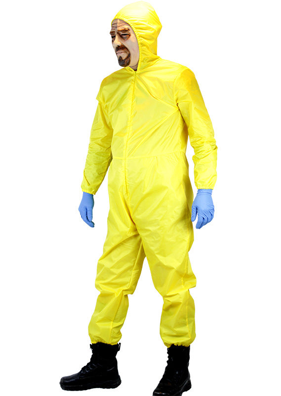 Adult yellow hazmat suit costume with character mask and gas mask