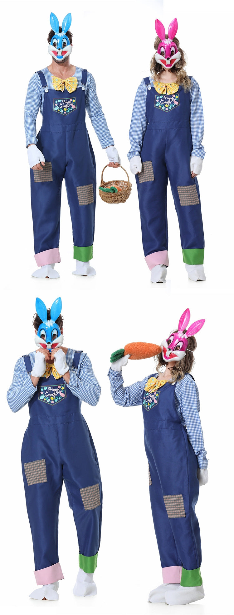 Adult wearing blue denim overalls Easter bunny mascot costume with gingham shirt and white tail