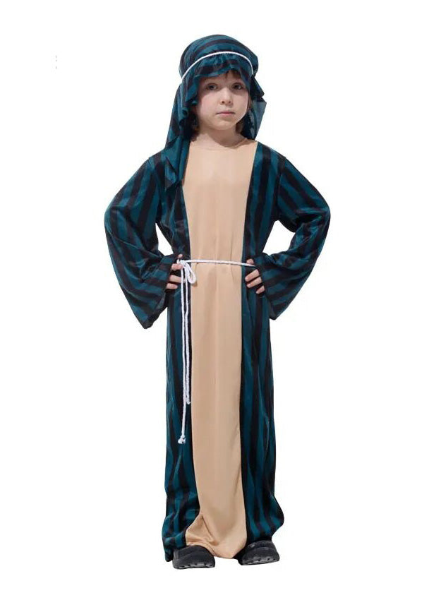 Child wearing teal and black striped biblical robe costume with matching headpiece and rope belt