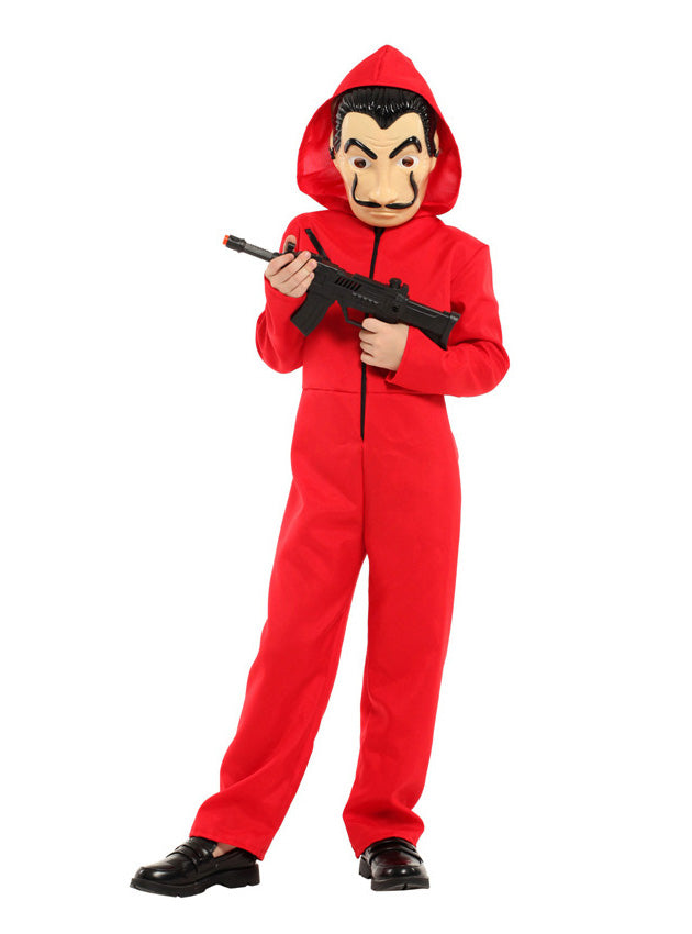 Child wearing red bank robber jumpsuit costume with beige character mask